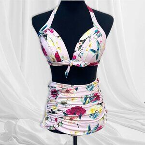 Unique Vintage 2 Piece Floral Swimwear Matching Set Halter Top Hi-Rise Bottom XL